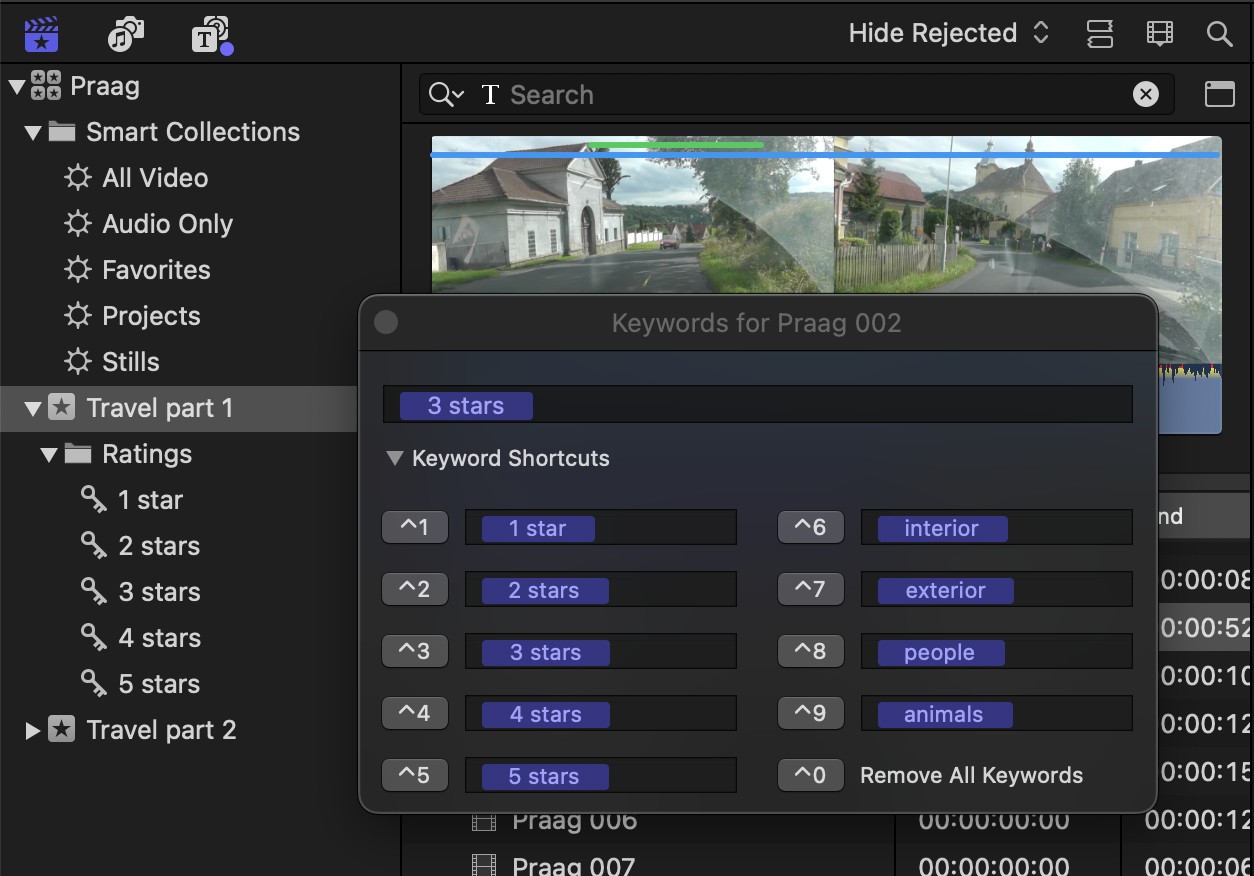 Final Cut Pro's Keywords dialog