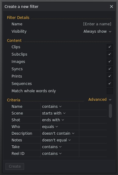 Filter options in Lightworks