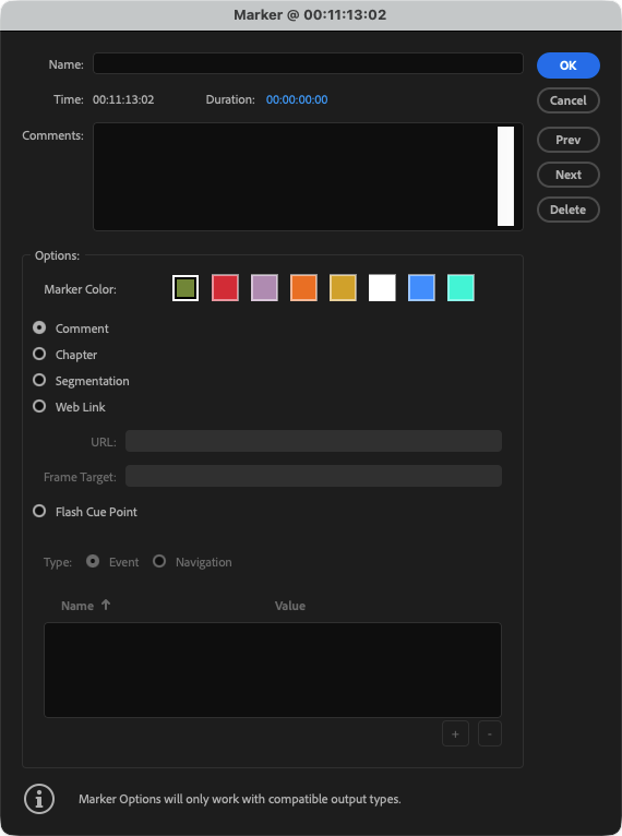 Marker options in Premiere
